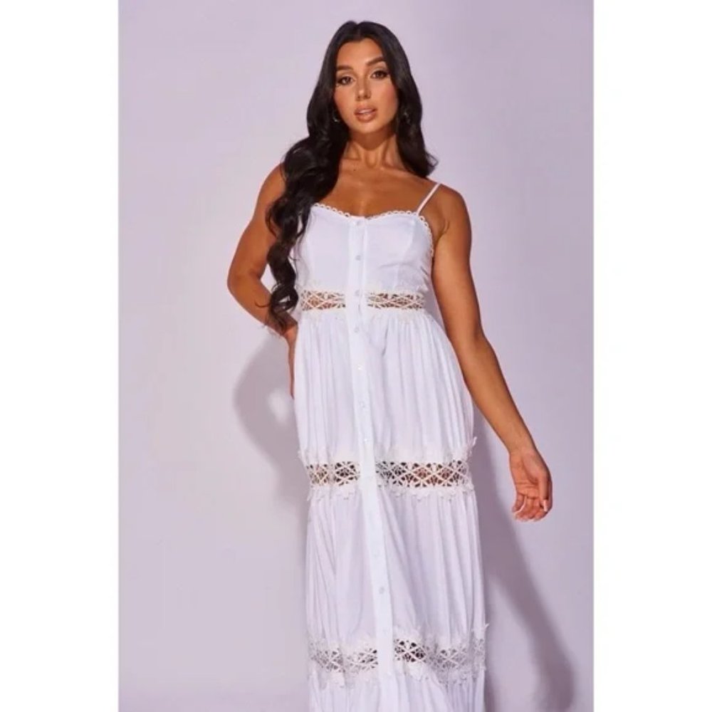 White Sleeveless V-Neck Crochet Trim Tiered Maxi Dress - Picture 5 of 9